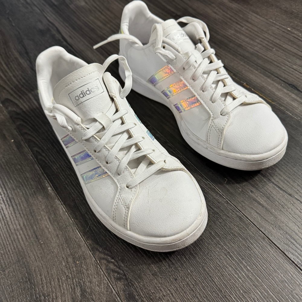 adidas White Leather Women's Sneakers with Iridescent Three-Stripes